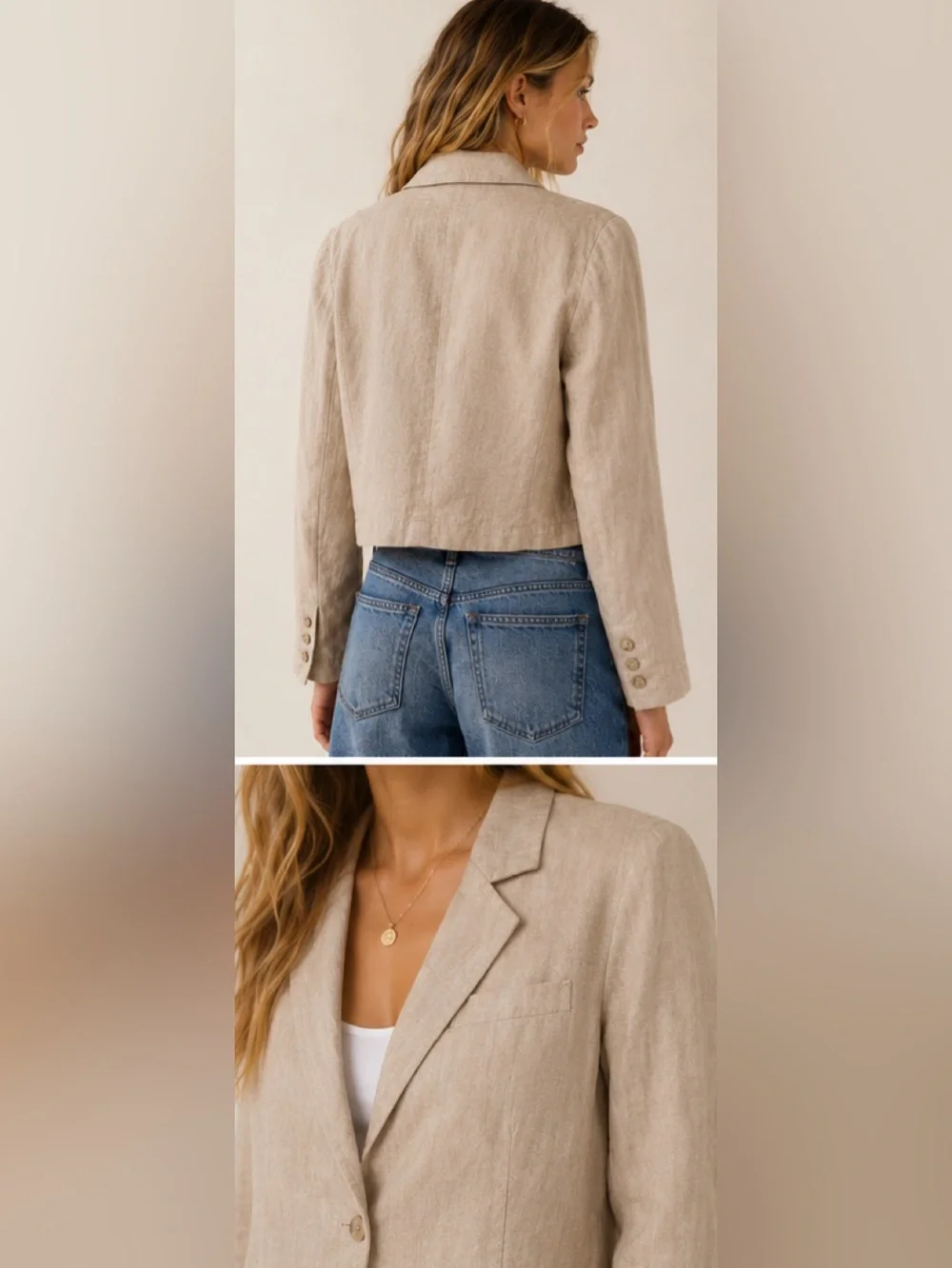 Free People Beige Linen-Blend Tailored Blazer size 10